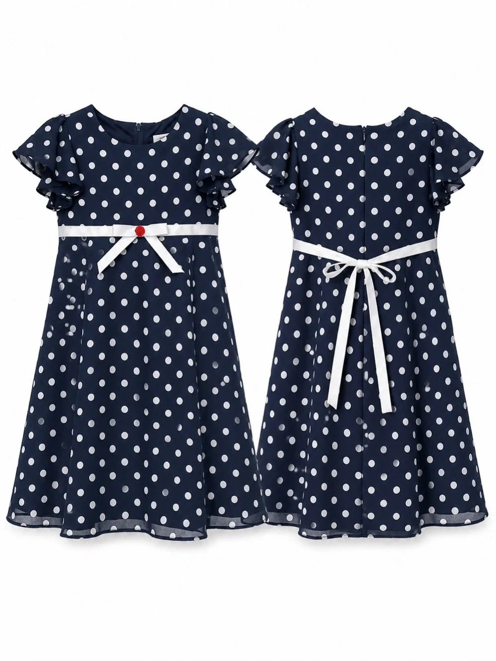 Byer California Navy and White Polka Dot Dress with White Waist Tie